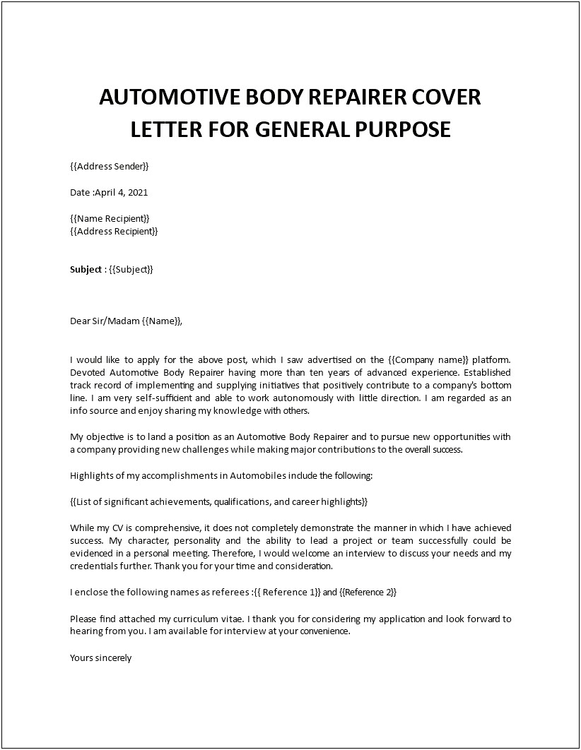 Auto Body Technician Resume Objective