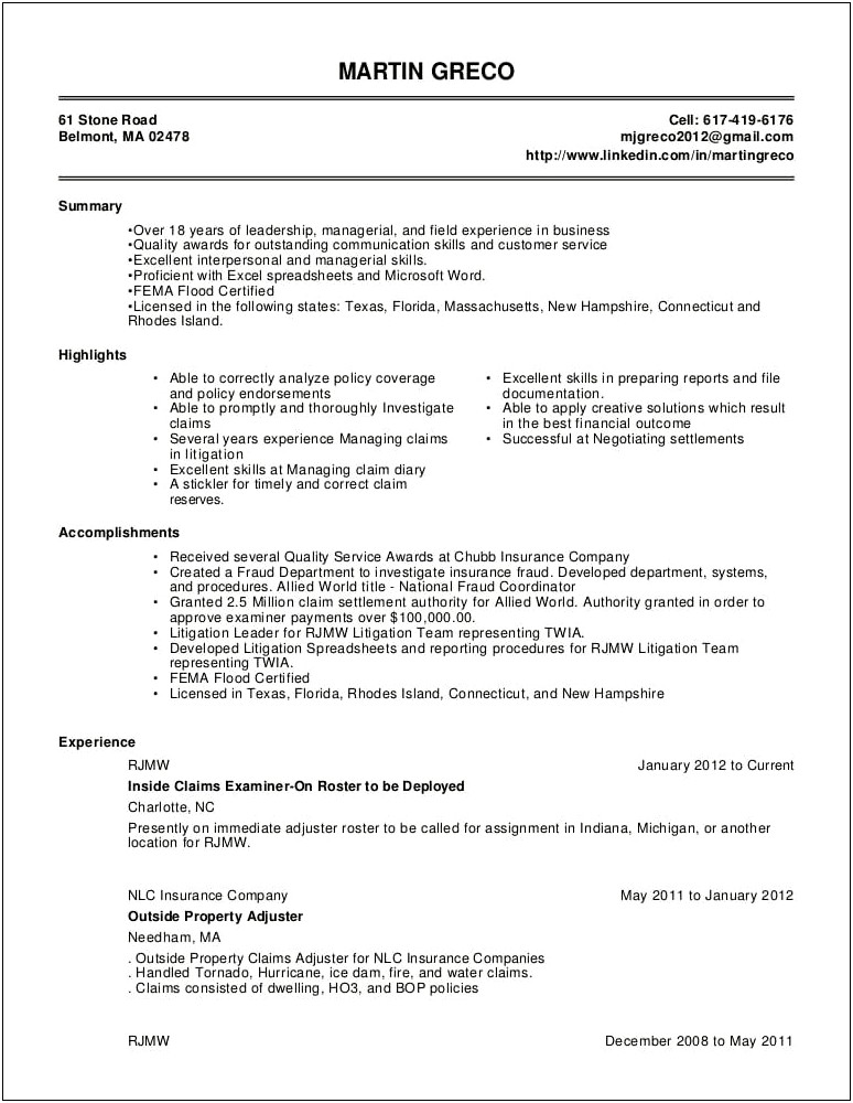 Auto Claims Adjuster Job Description Resume