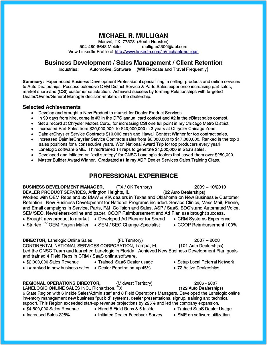 Auto Dealership Service Manager Resume