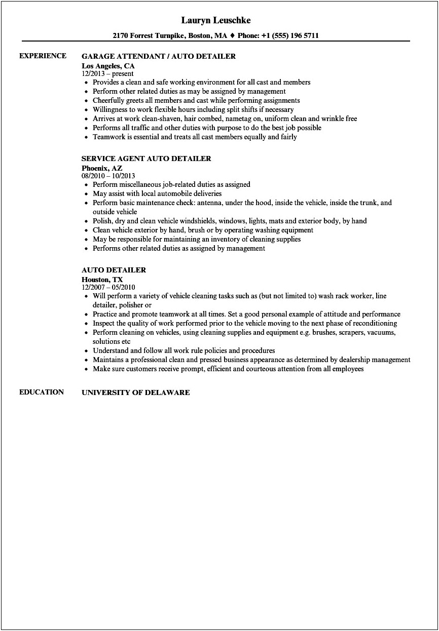 Auto Detailer Job Description Resume