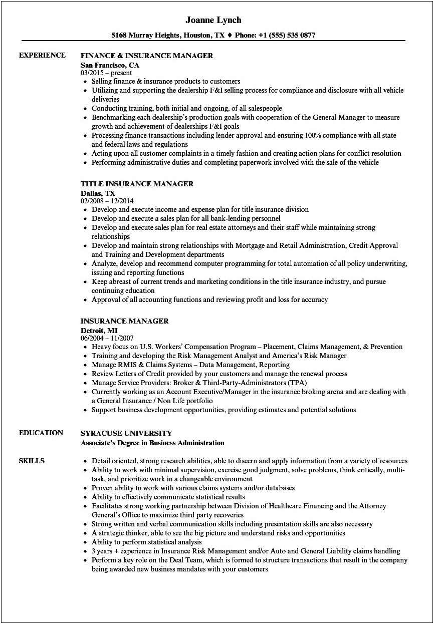 Auto Finance Manager Job Experience Resume