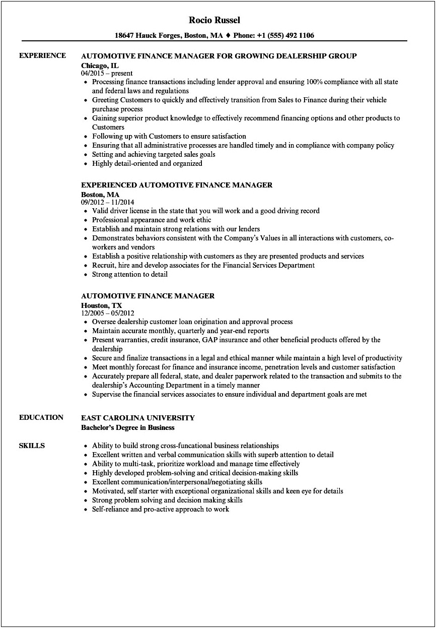 Auto Finance Manager Resume Template