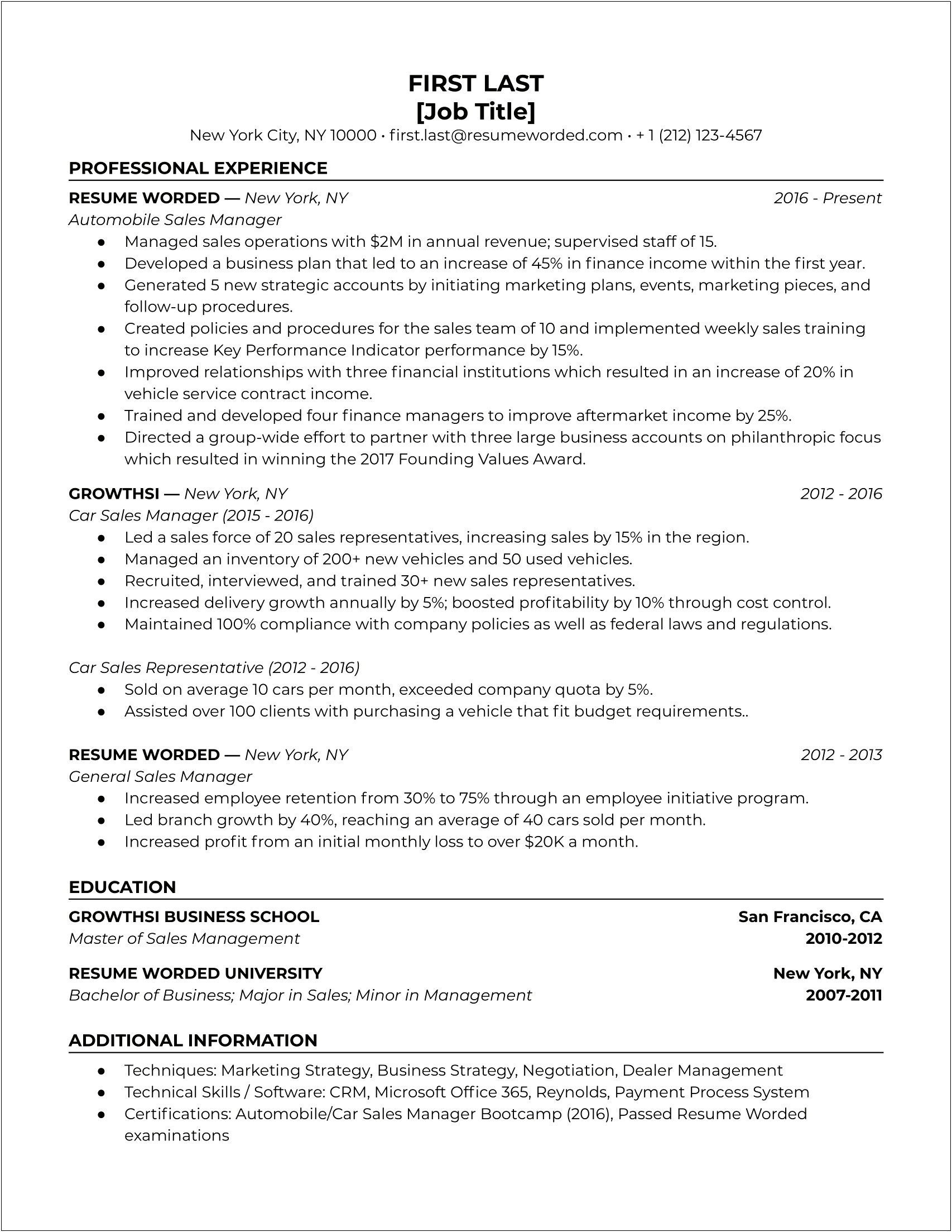 Auto General Manager Resume Example