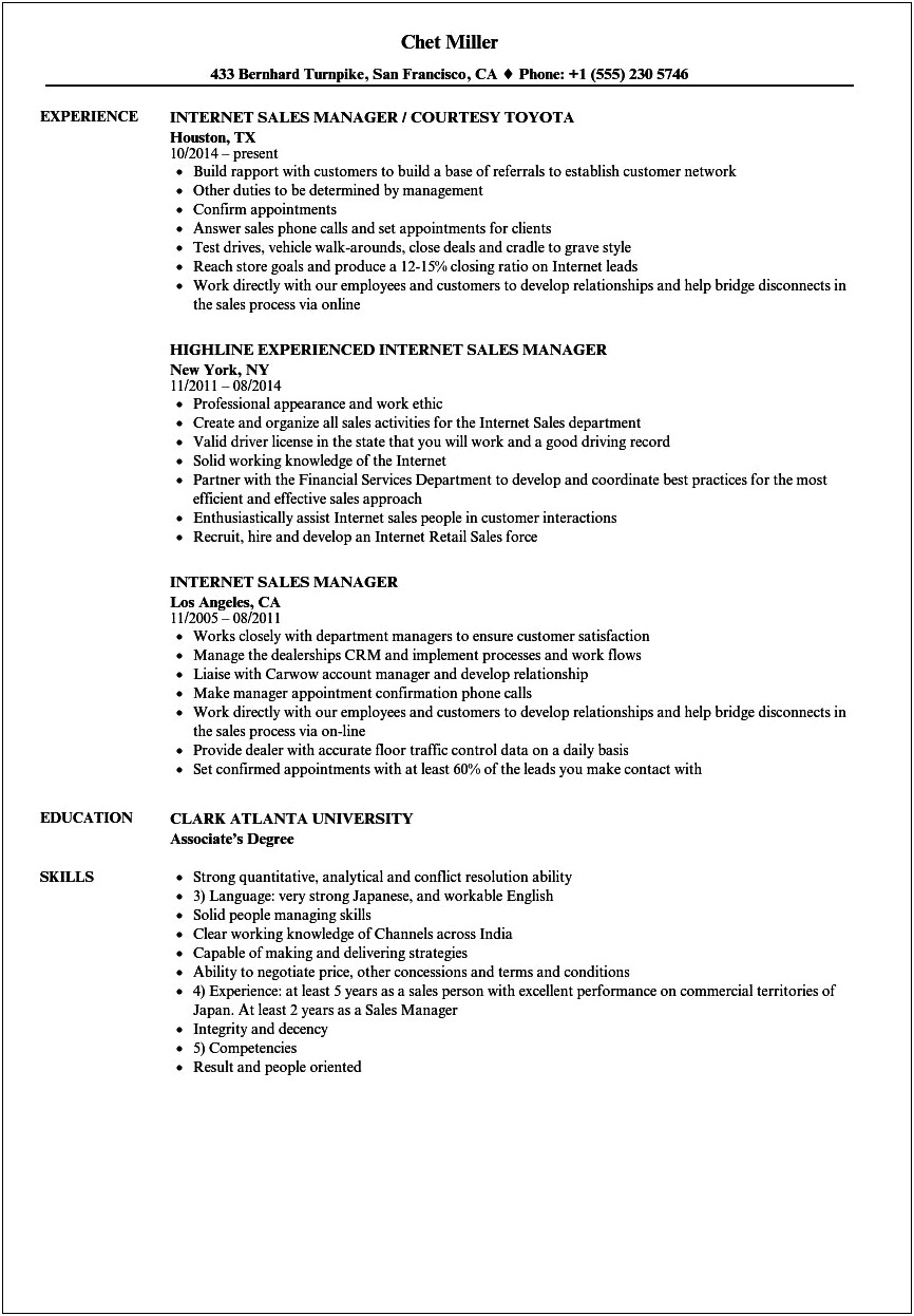 Auto Internet Sales Manager Resume