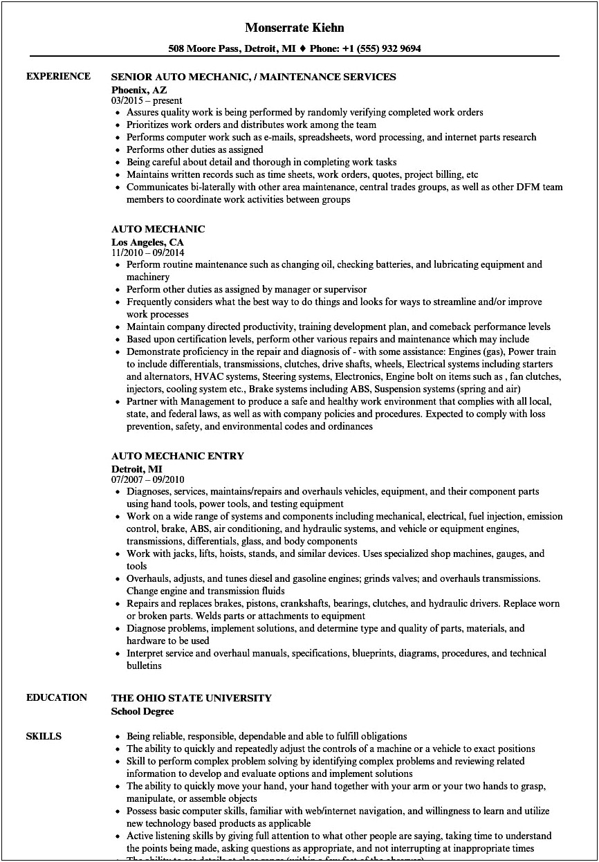 Auto Mechanic Summary For A Resume