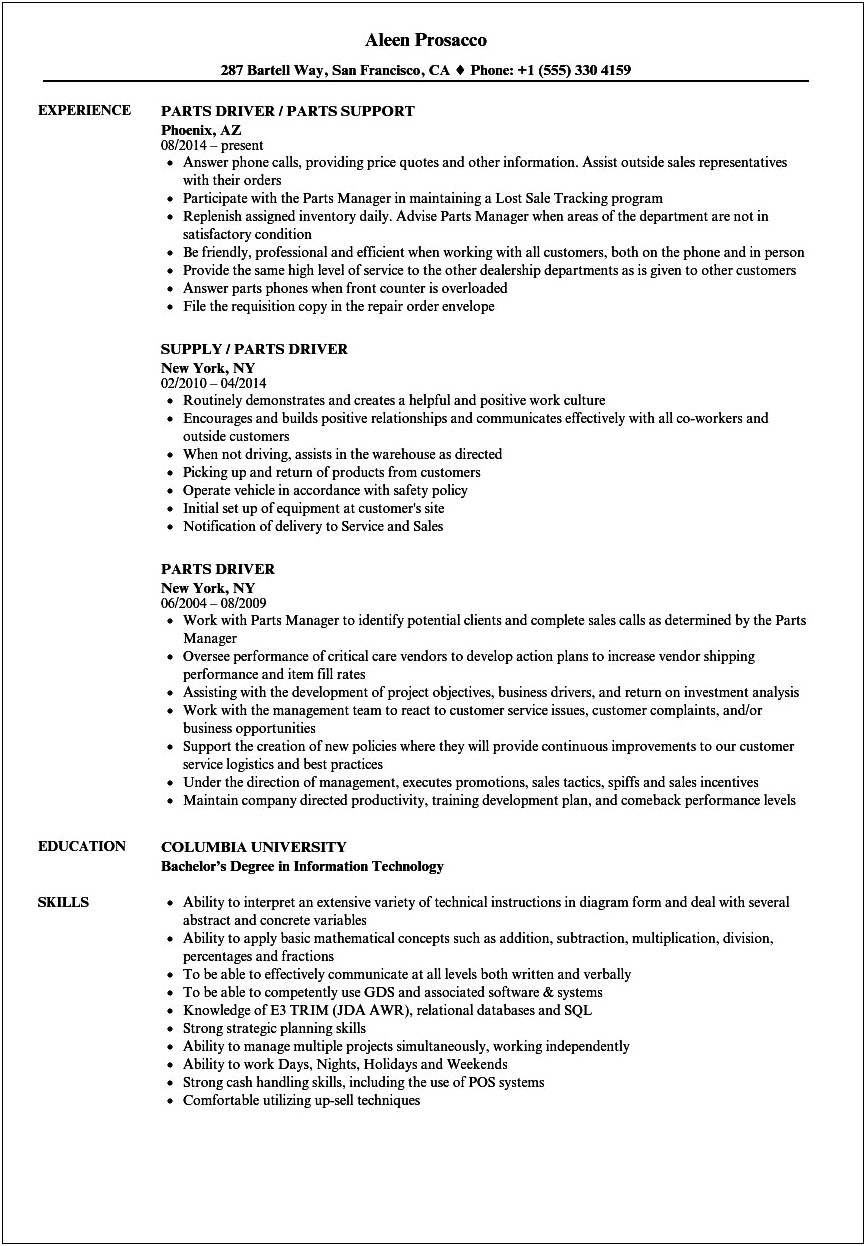 Auto Parts Delivery Driver Job Description For Resume