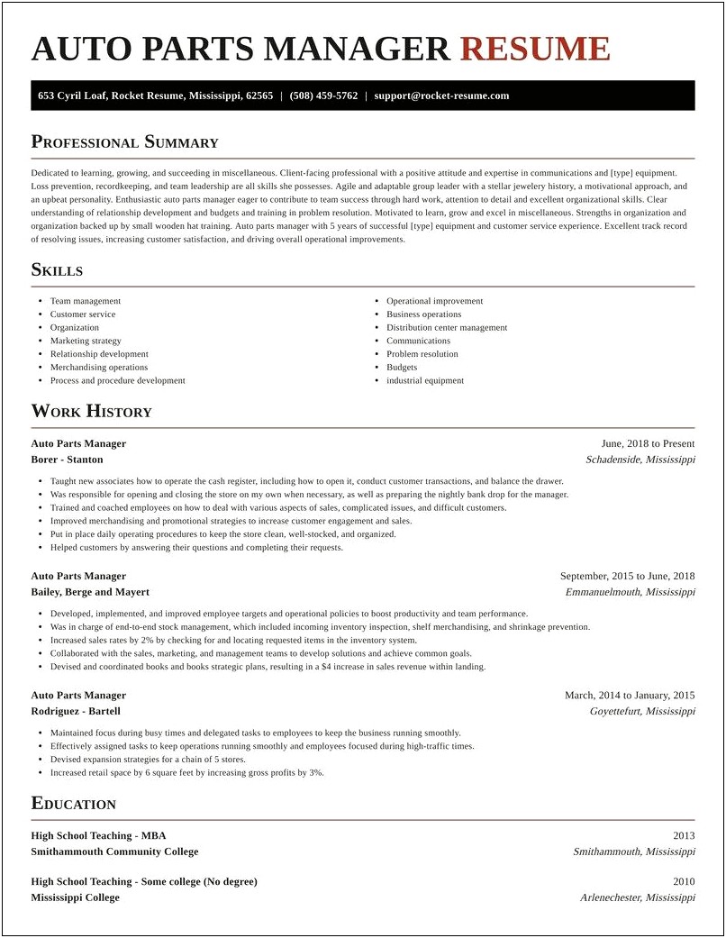 Auto Parts Manager Resume Sample