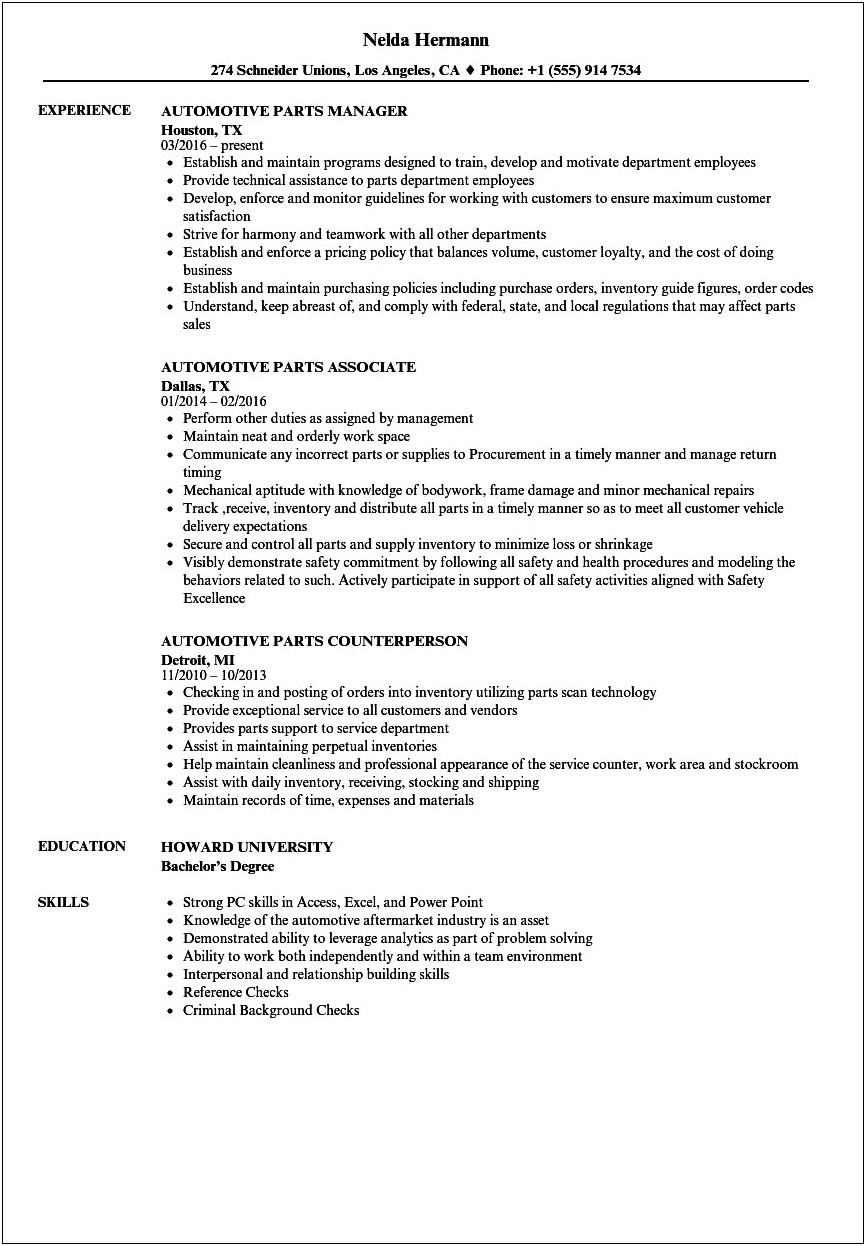 Auto Parts Manager Resume Template