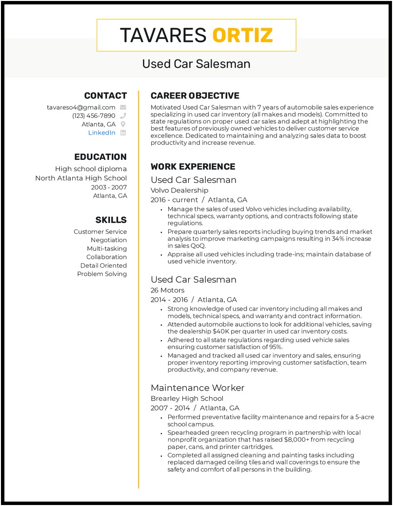 Auto Sales Associate Resume Sample