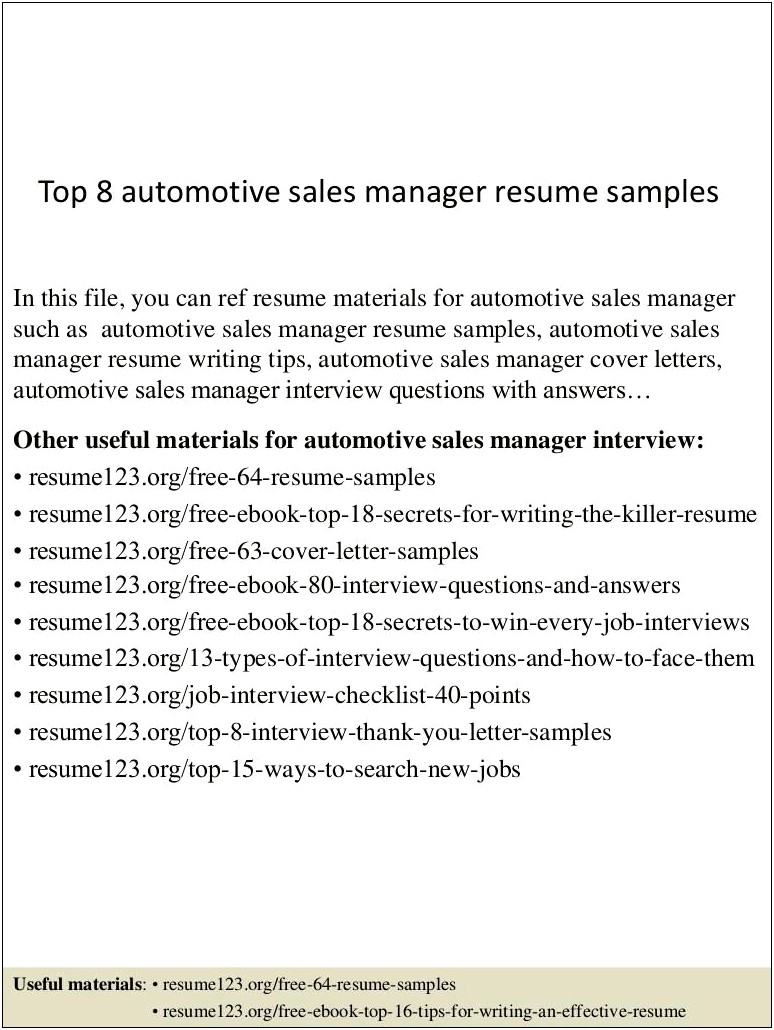 Auto Sales Manager Resume Templates