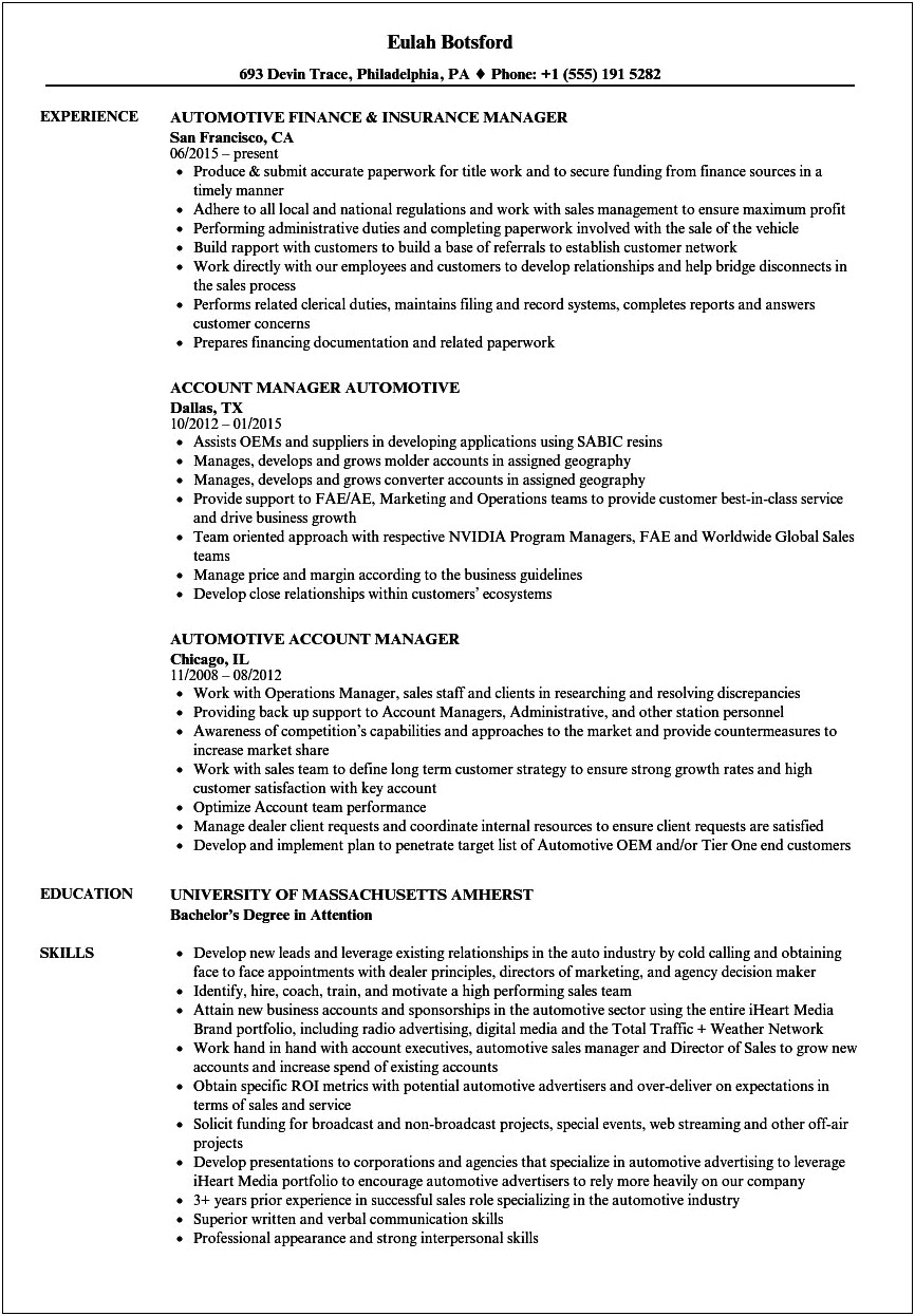 Auto Service Manager Resume Objective