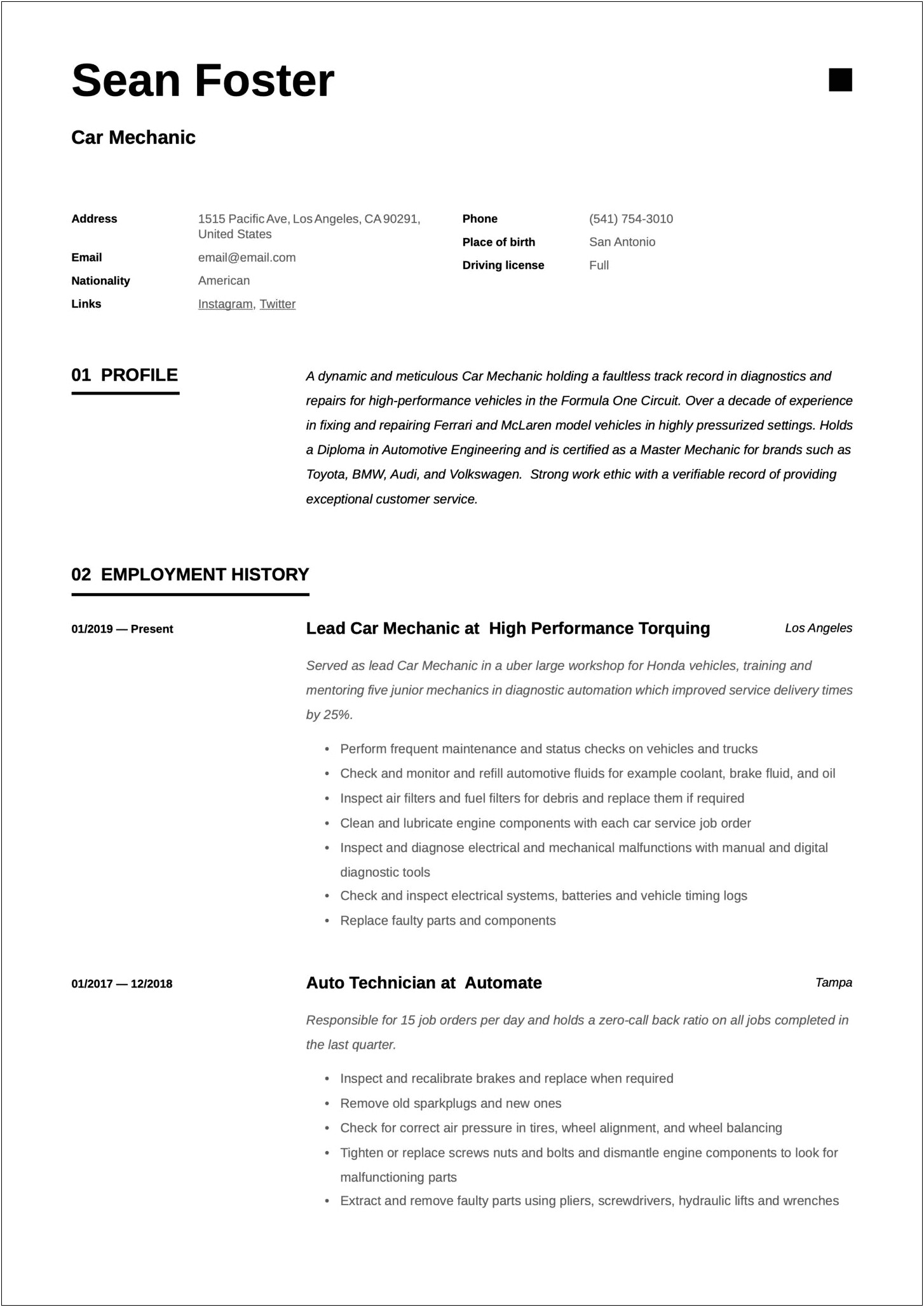 Auto Technician Job Description Resume