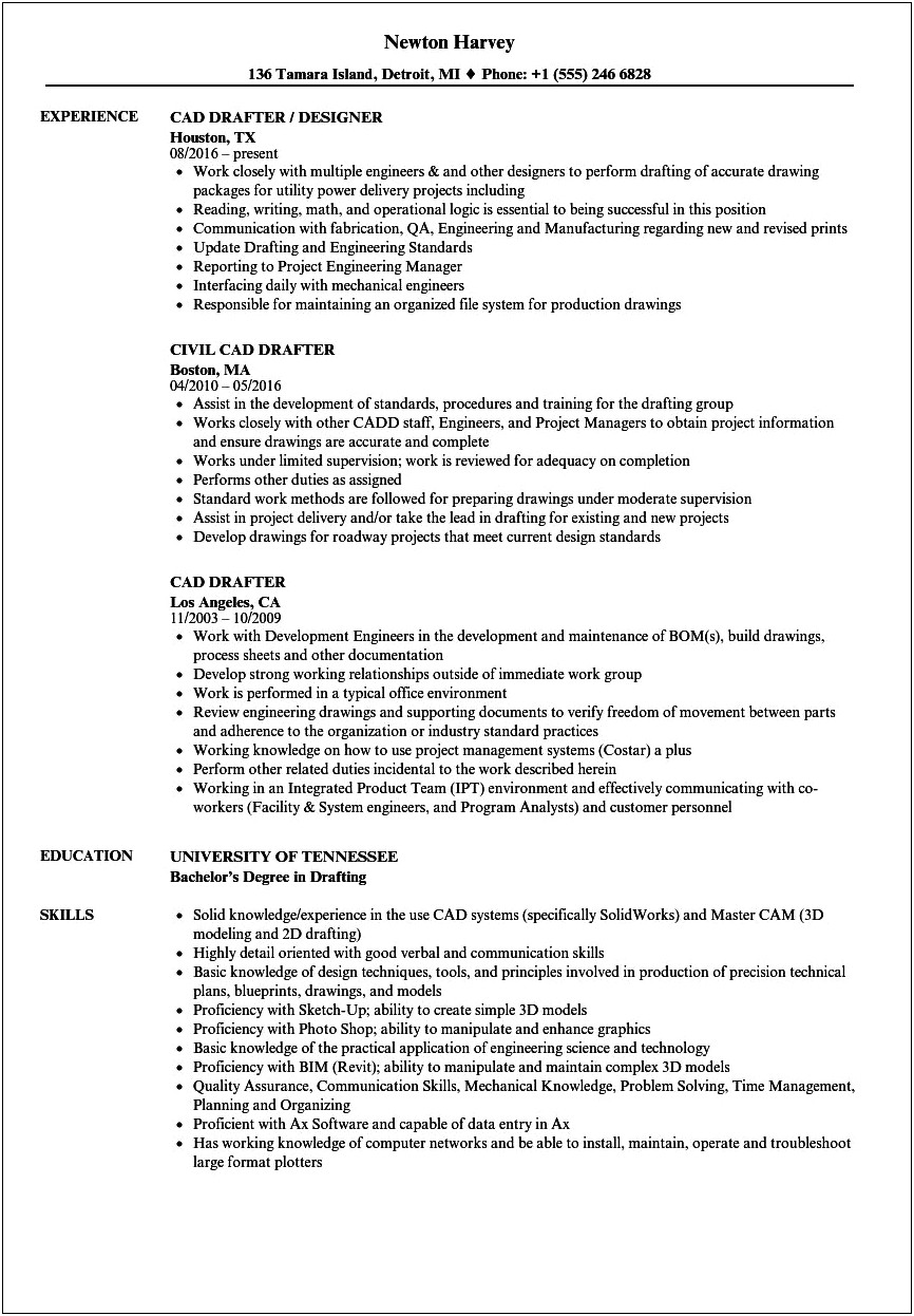 Autocad Operator Job Description Resume