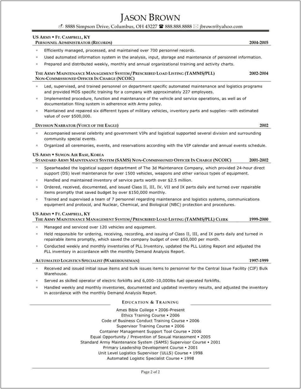 Automated Logistical Specialist Resume Examples