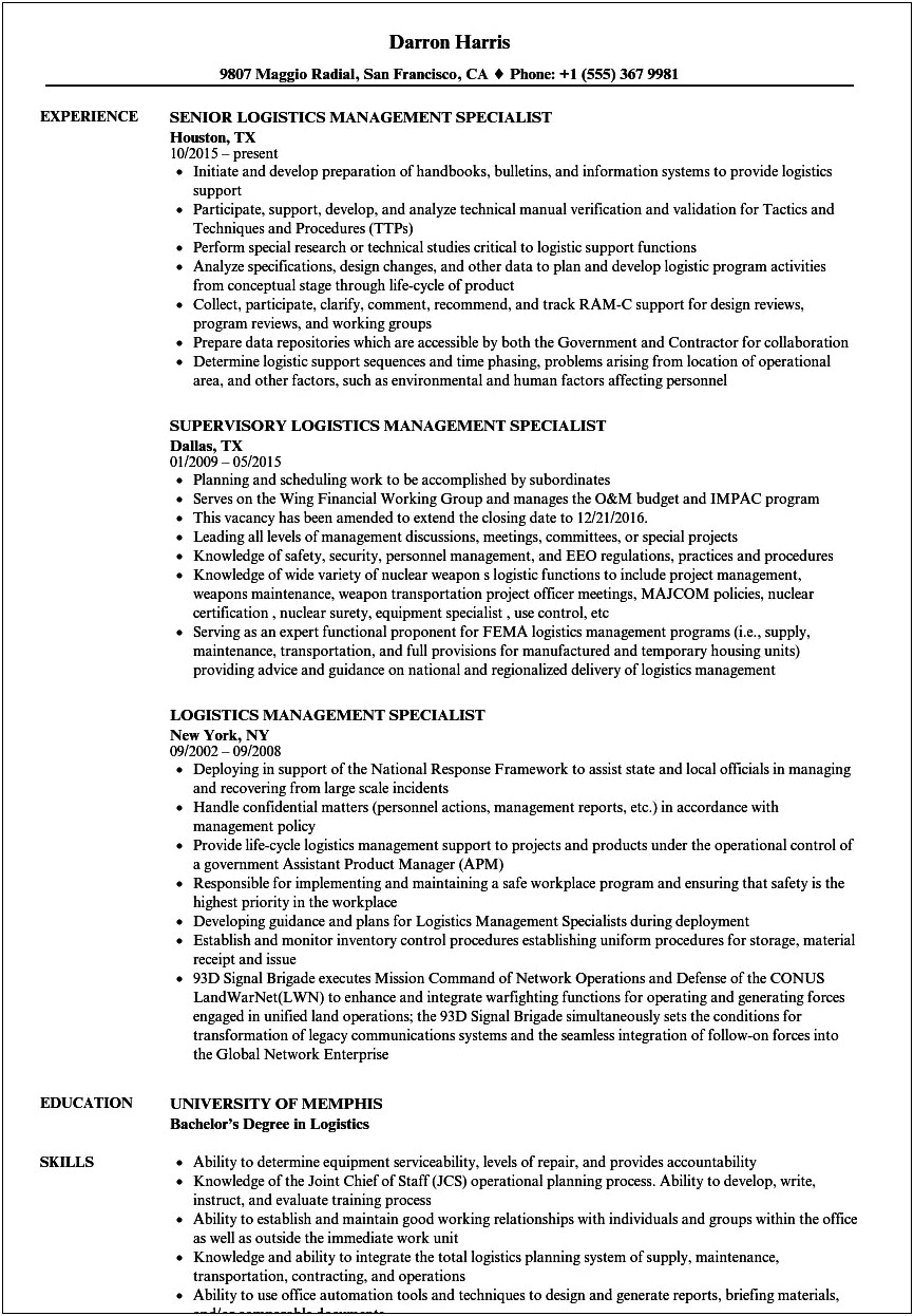 Automated Logistical Specialist Resume Sample