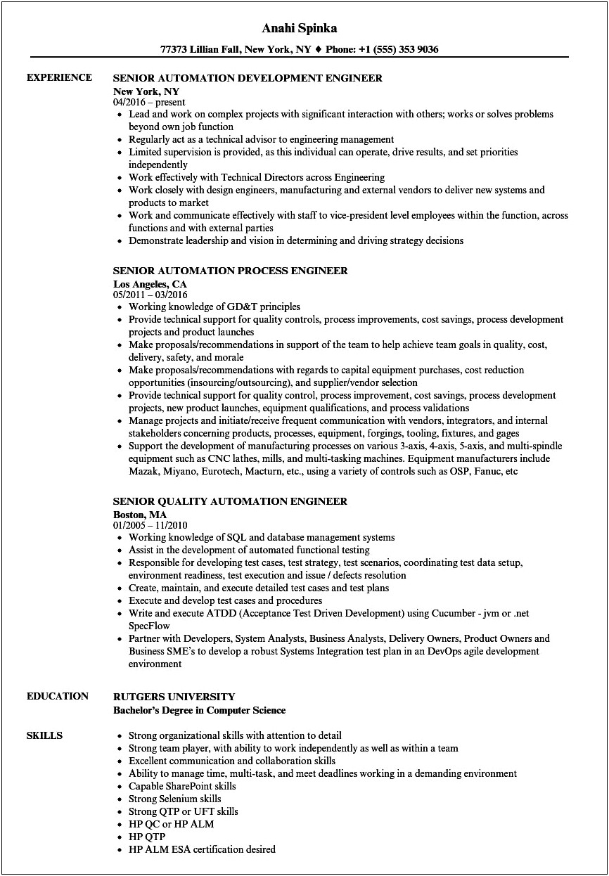 Automation Engineer Resume With Ruby Experience