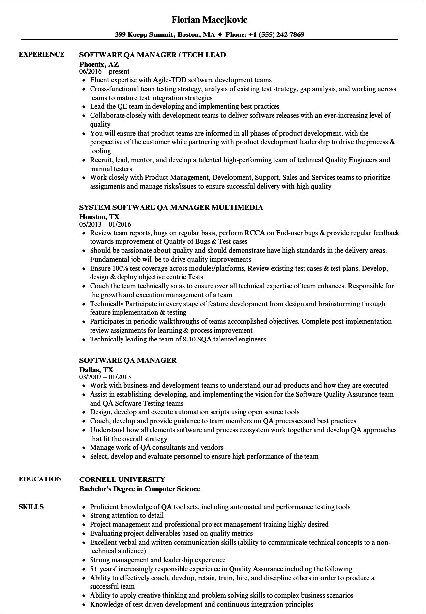 Automation Test Manager Sample Resume