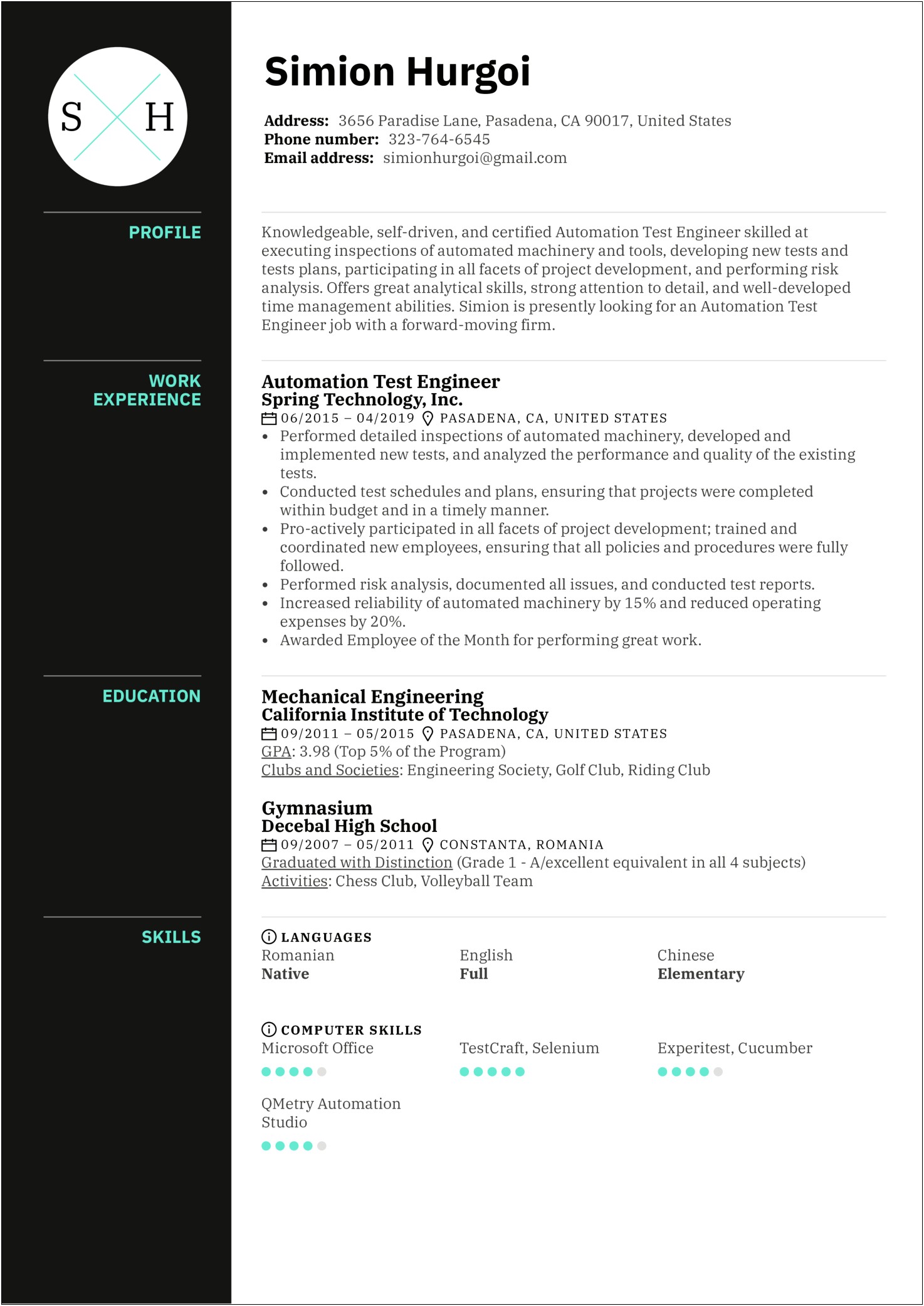 Automation Testing 1 Year Experience Resume