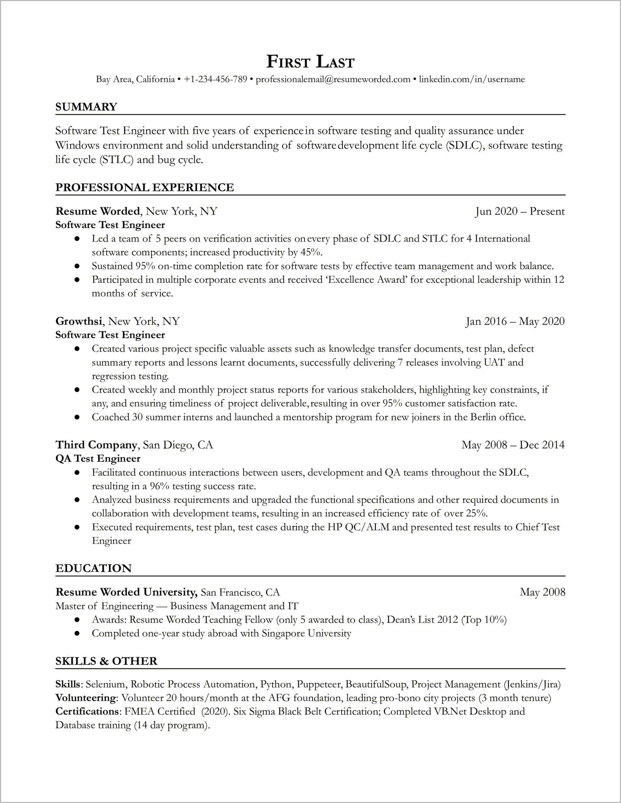Automation Testing Resume For 10 Years In Experience