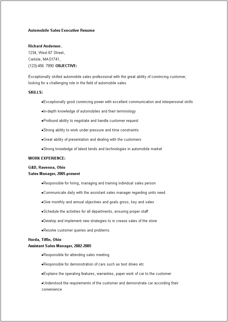 Automobile Sales Manager Resume Format
