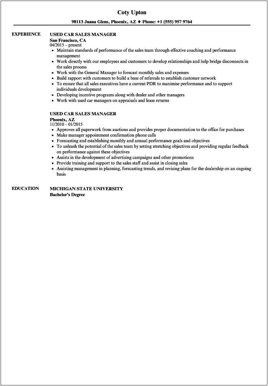 Automobile Salesperson Job Description For Resume
