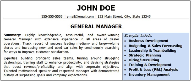 Automotive Dealership General Manager Resume