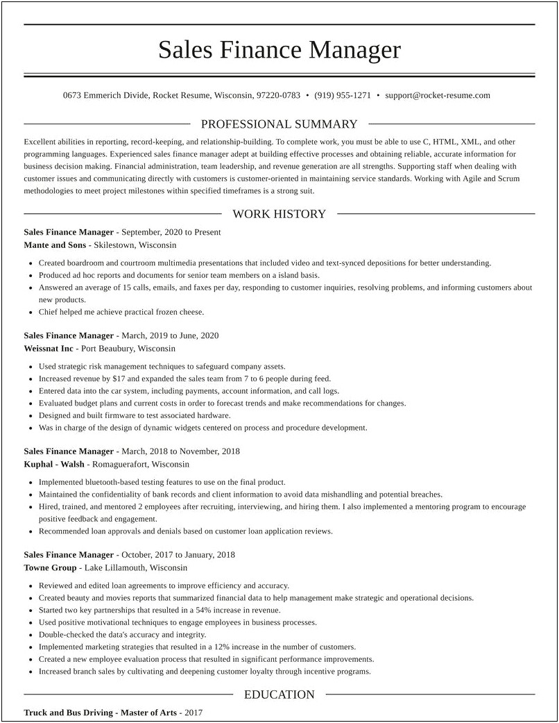 Automotive Finance Manager Resume Summary