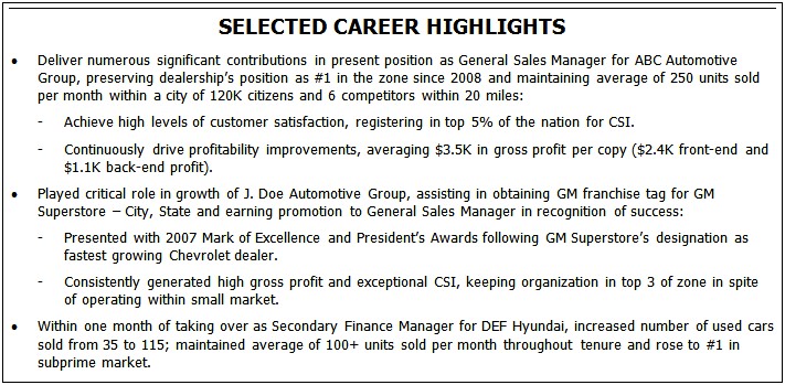Automotive General Manager Resume Examples