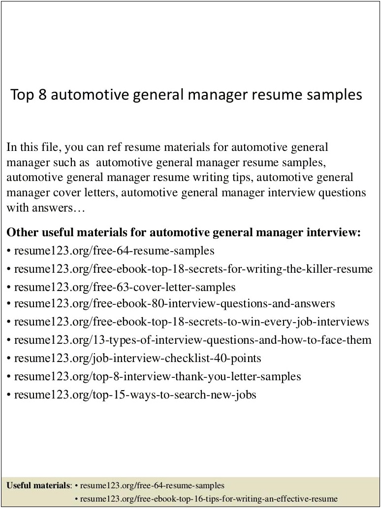 Automotive General Sales Manager Resume