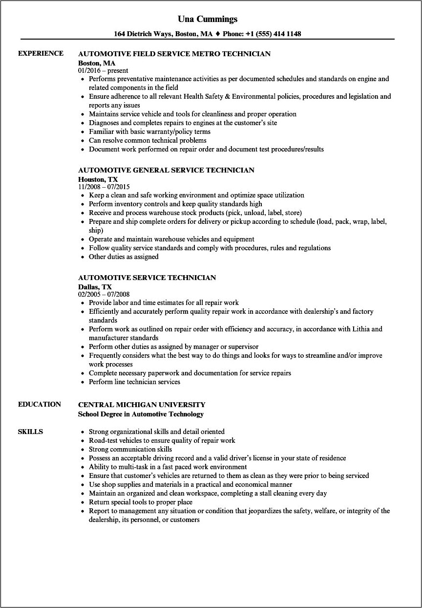 Automotive Job Description For Resume