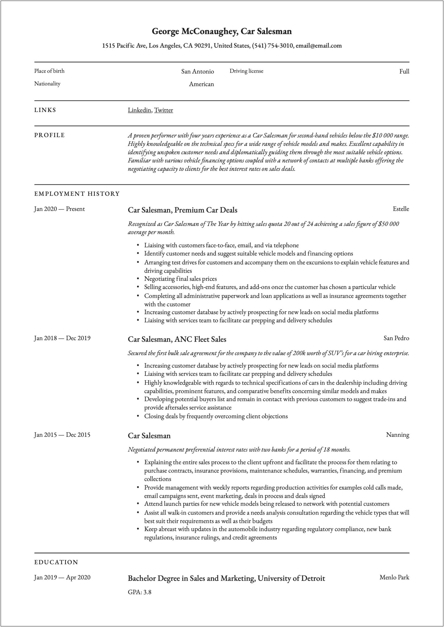 Automotive Sales And Marketing Director Template Resume
