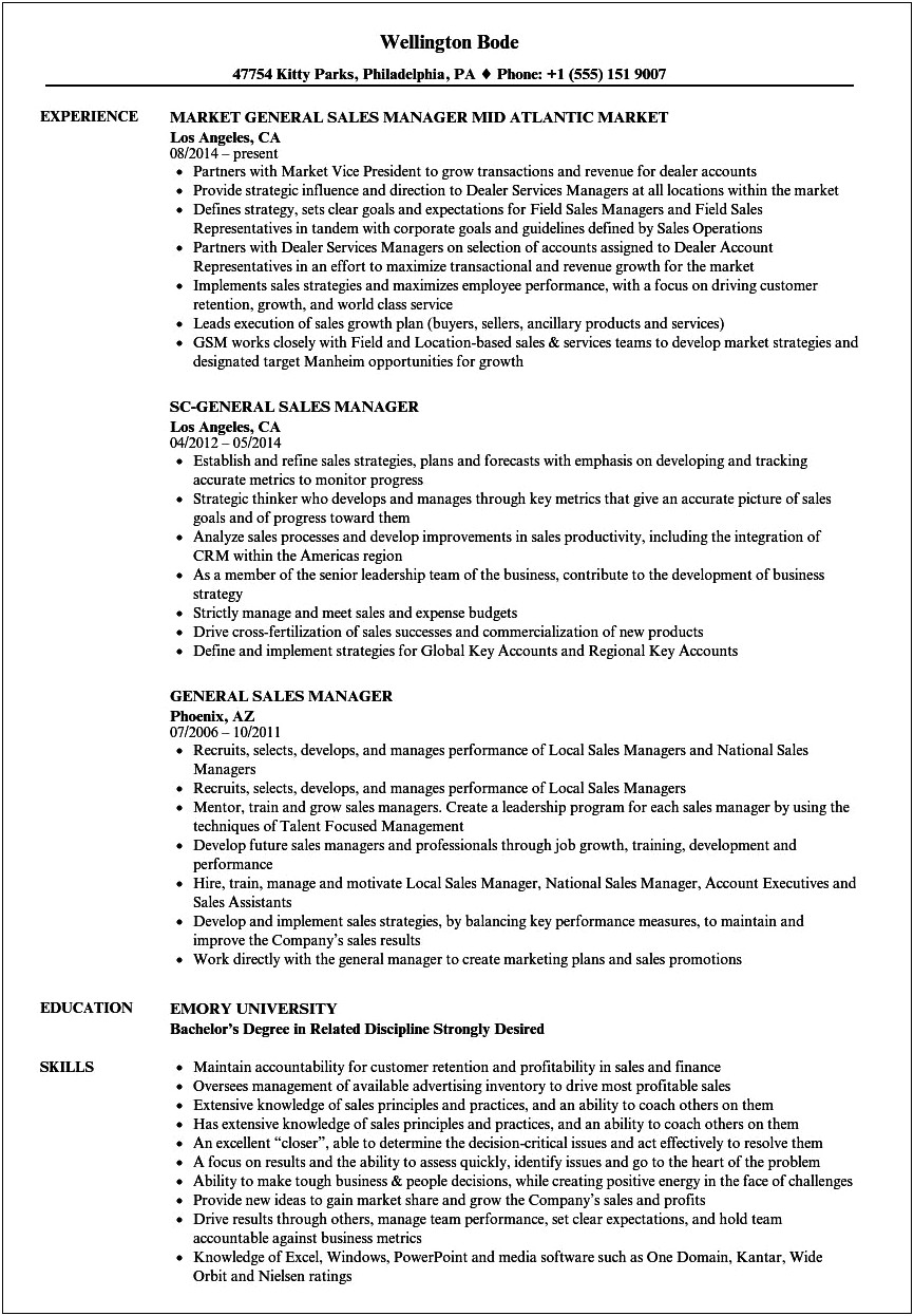 Automotive Sales Manager Job Description Resume