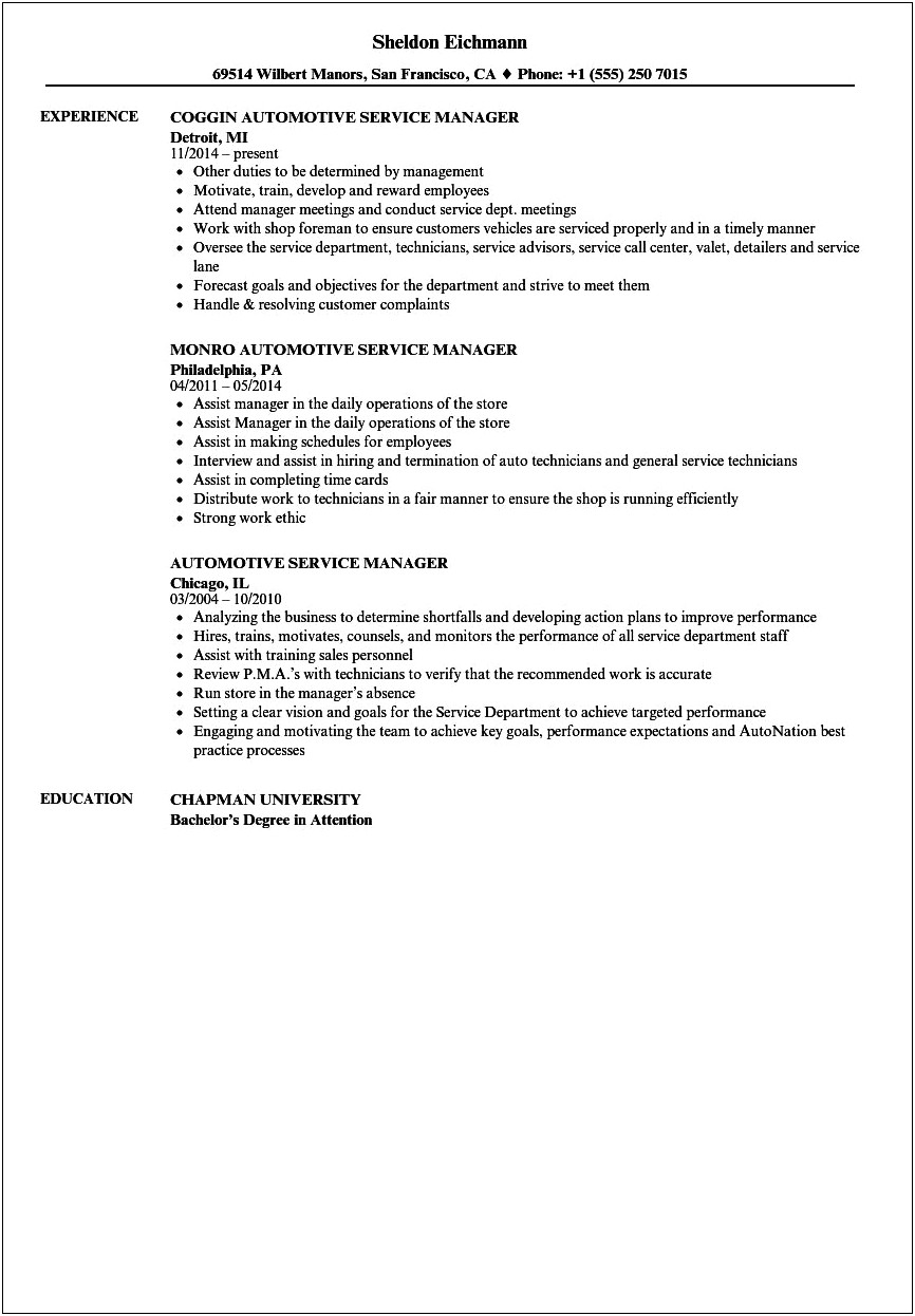 Automotive Service Manager Resume Format