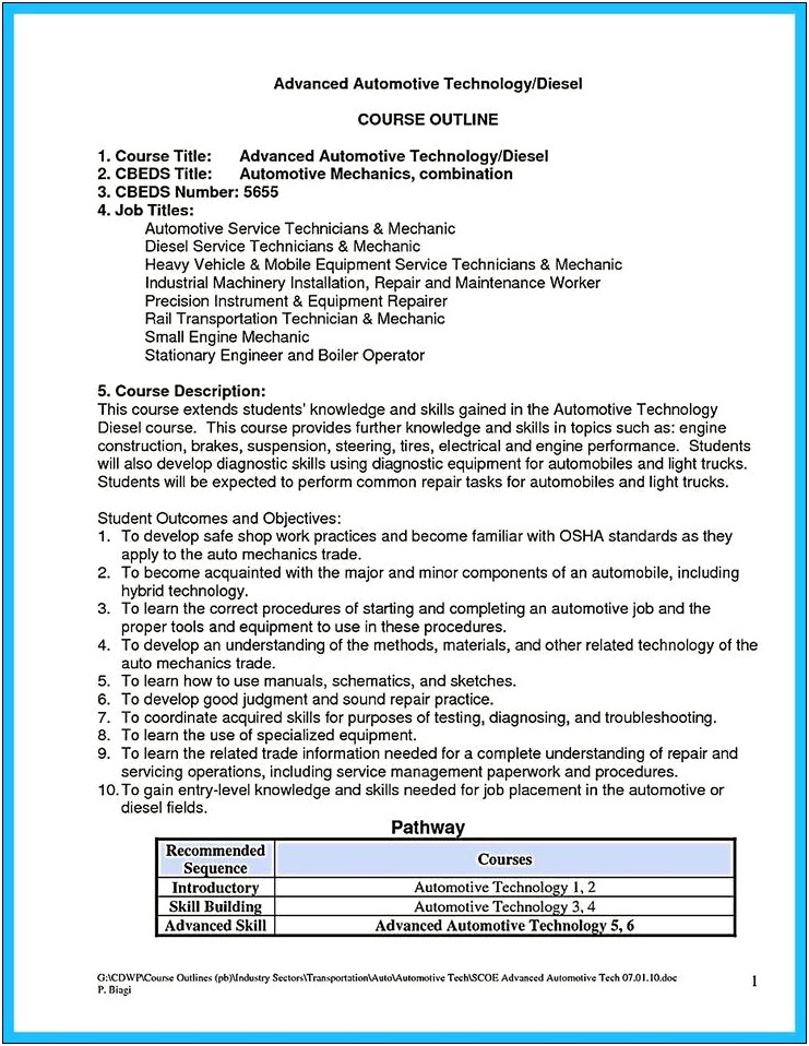 Automotive Service Technician Job Description For Resume