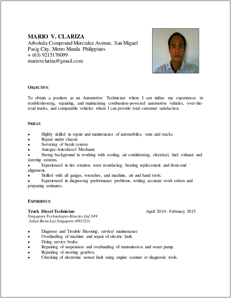 Automotive Skills For A Resume