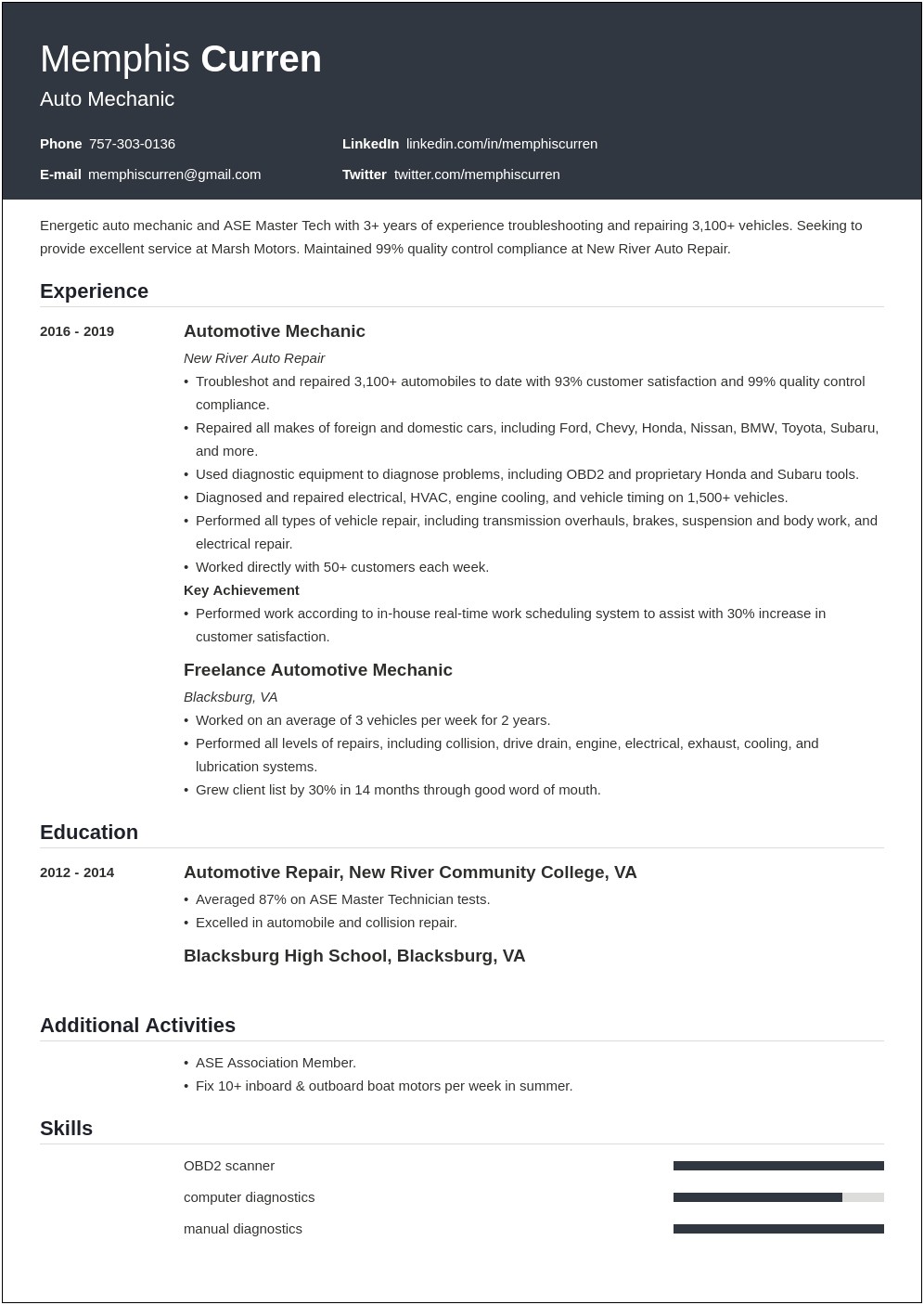 Automotive Technician Job Summary Resume