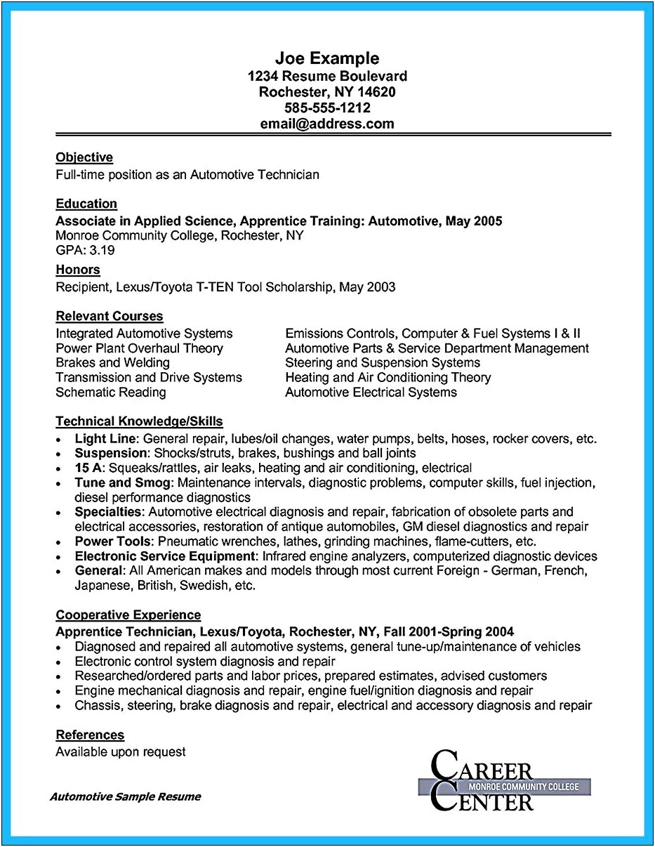 Automotive Technician Objectives For Resumes