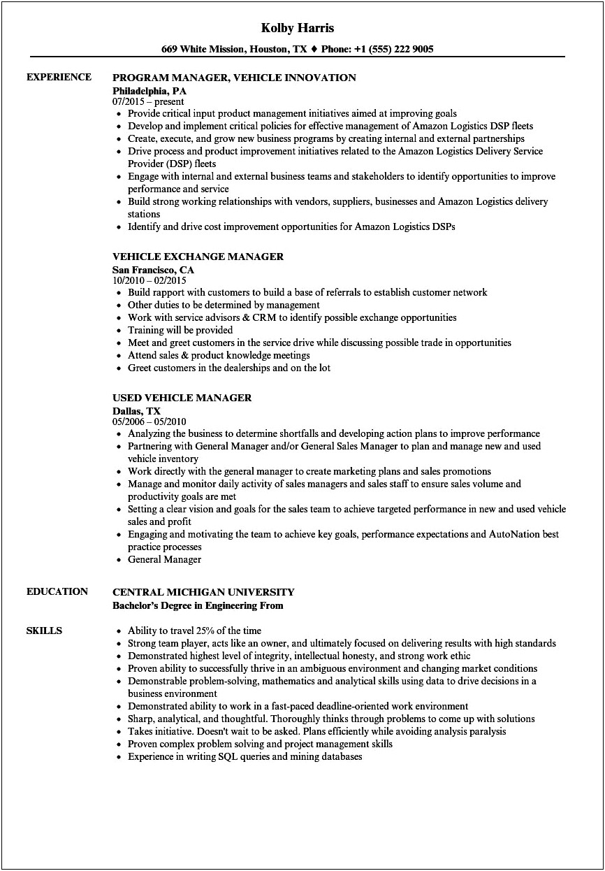 Automotive Title Department Manager Resume Examples