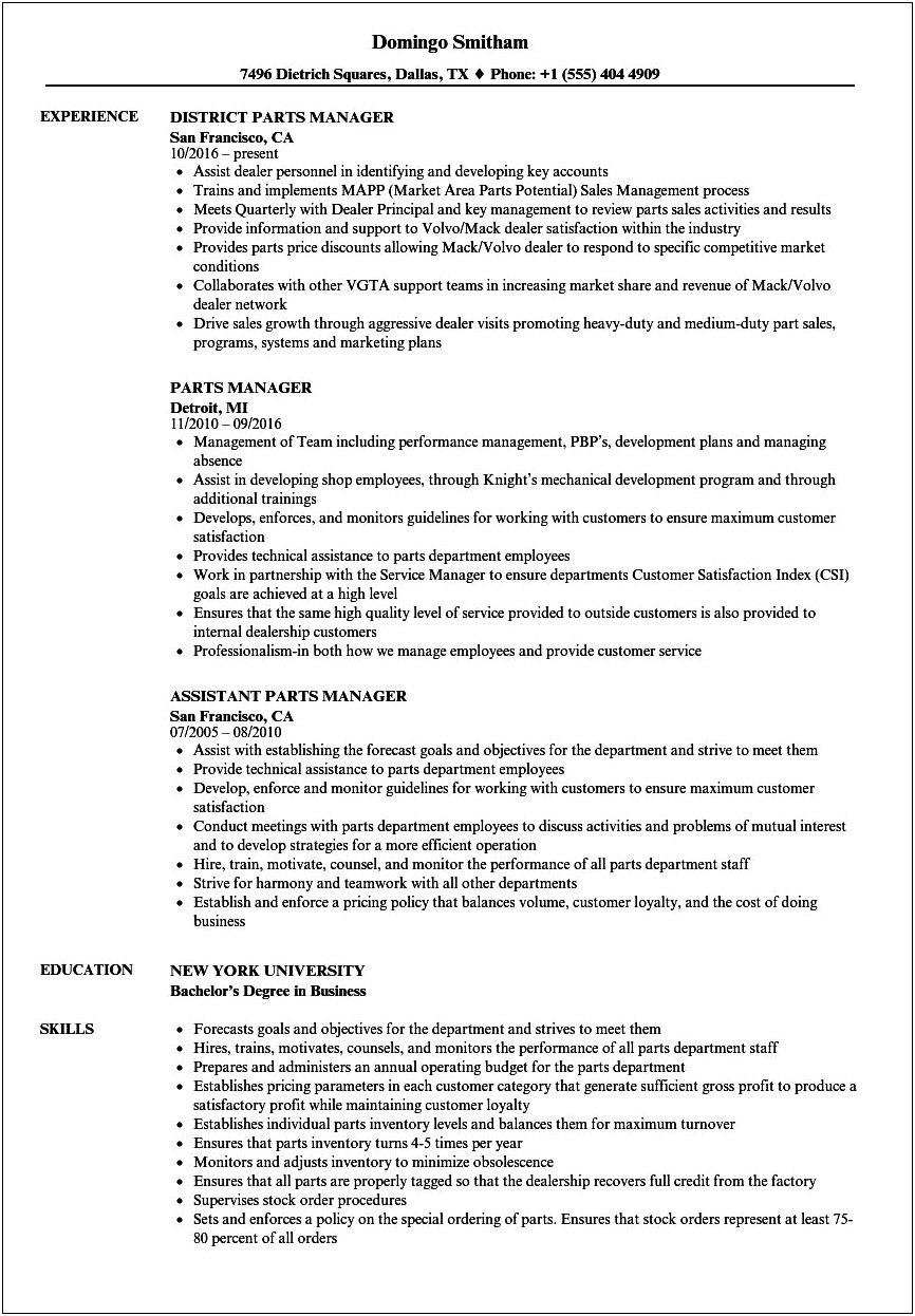 Autozone Parts Sales Manager Resume Description