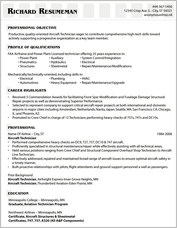 Aviation Mechanic Job Description For Resume