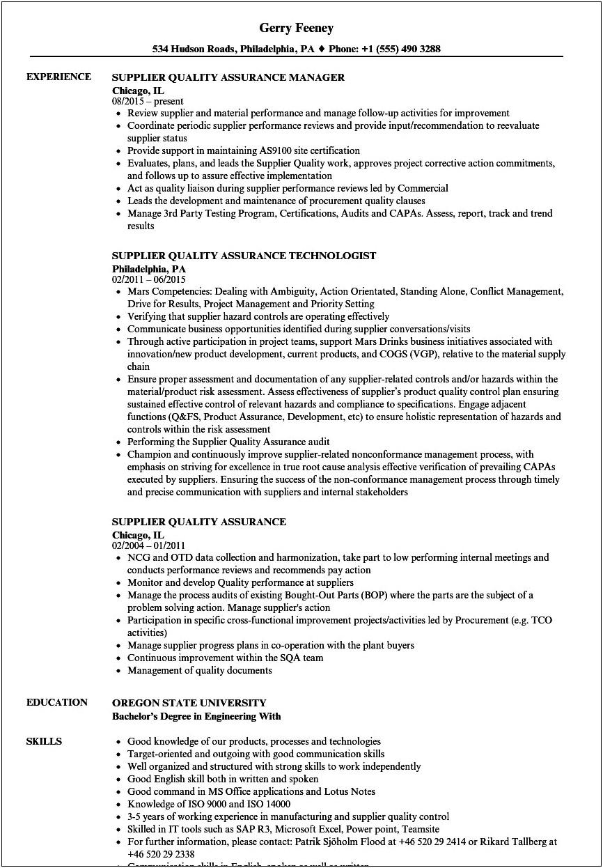 Aviation Quality Assurance Resume Word Doc Samples