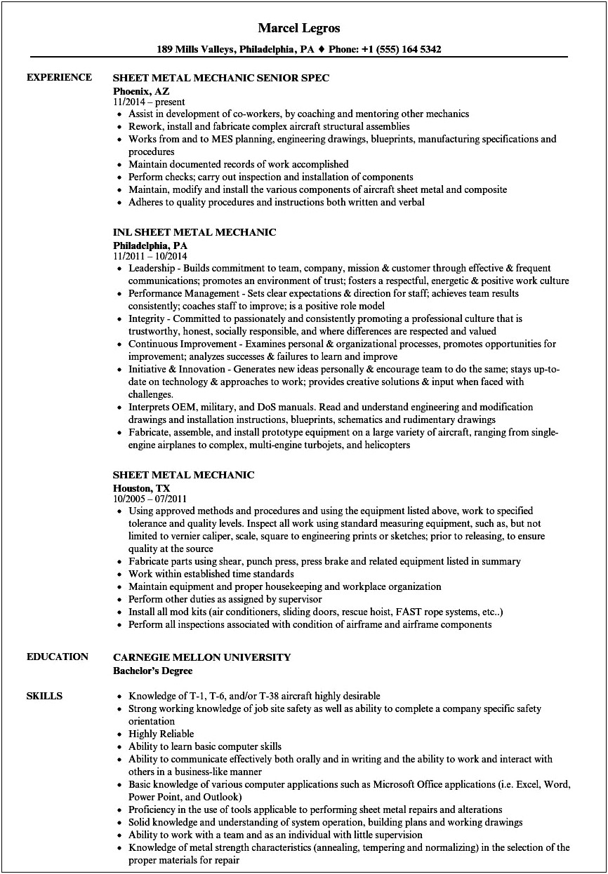 Aviation Structural Mechanic Resume Examples