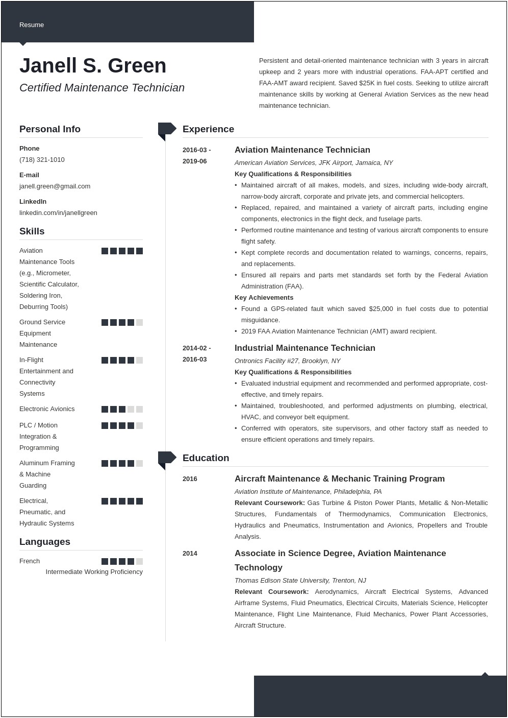 Avionics Technician Resume Summary Of Qualifications