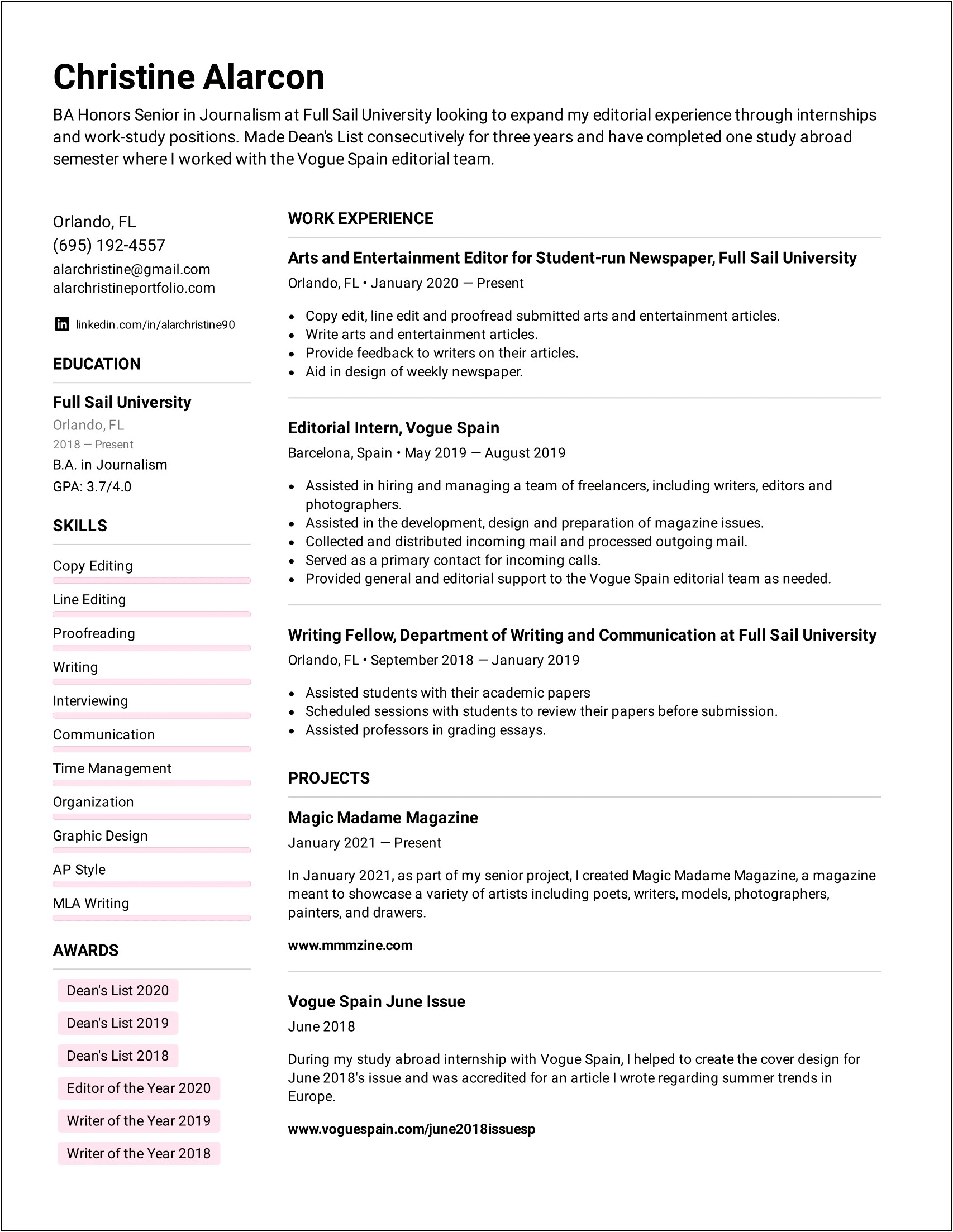 Awards Section On Resume Example