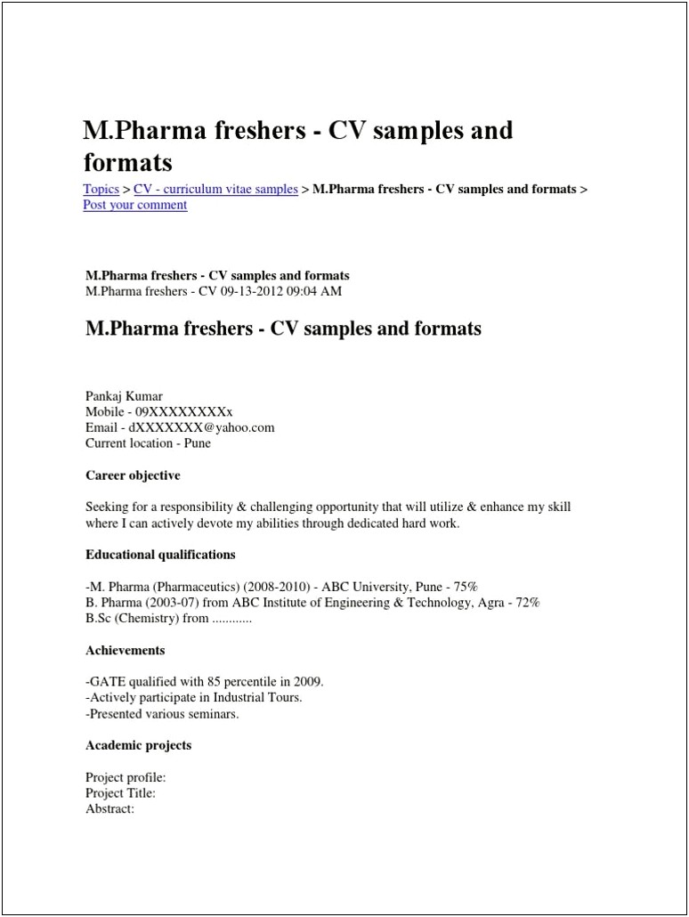 B Pharma Fresher Resume Example