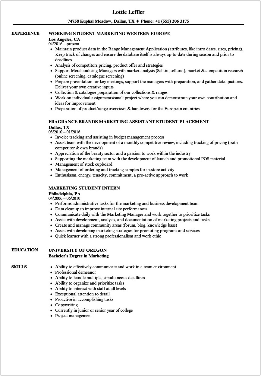 B.s Student Resume Examples