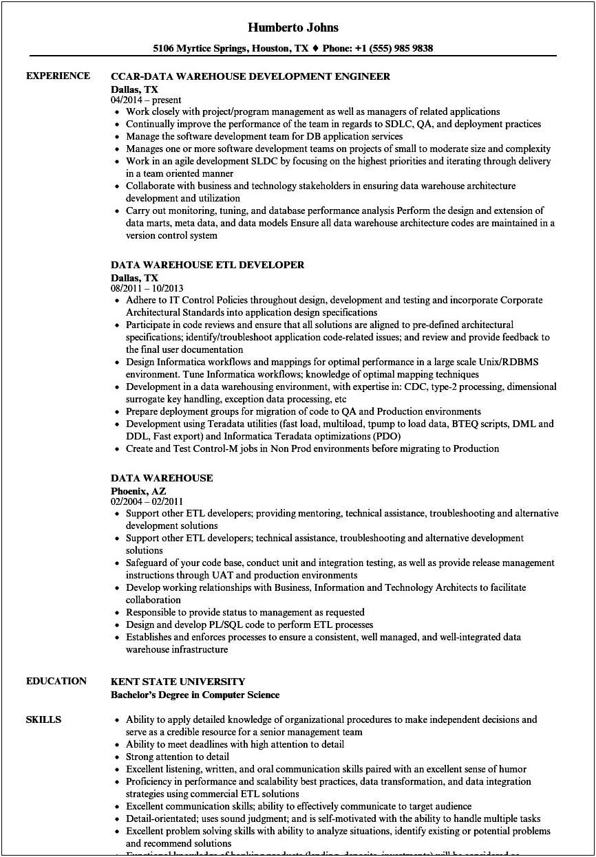 Ba Resume With Data Warehousing Experience