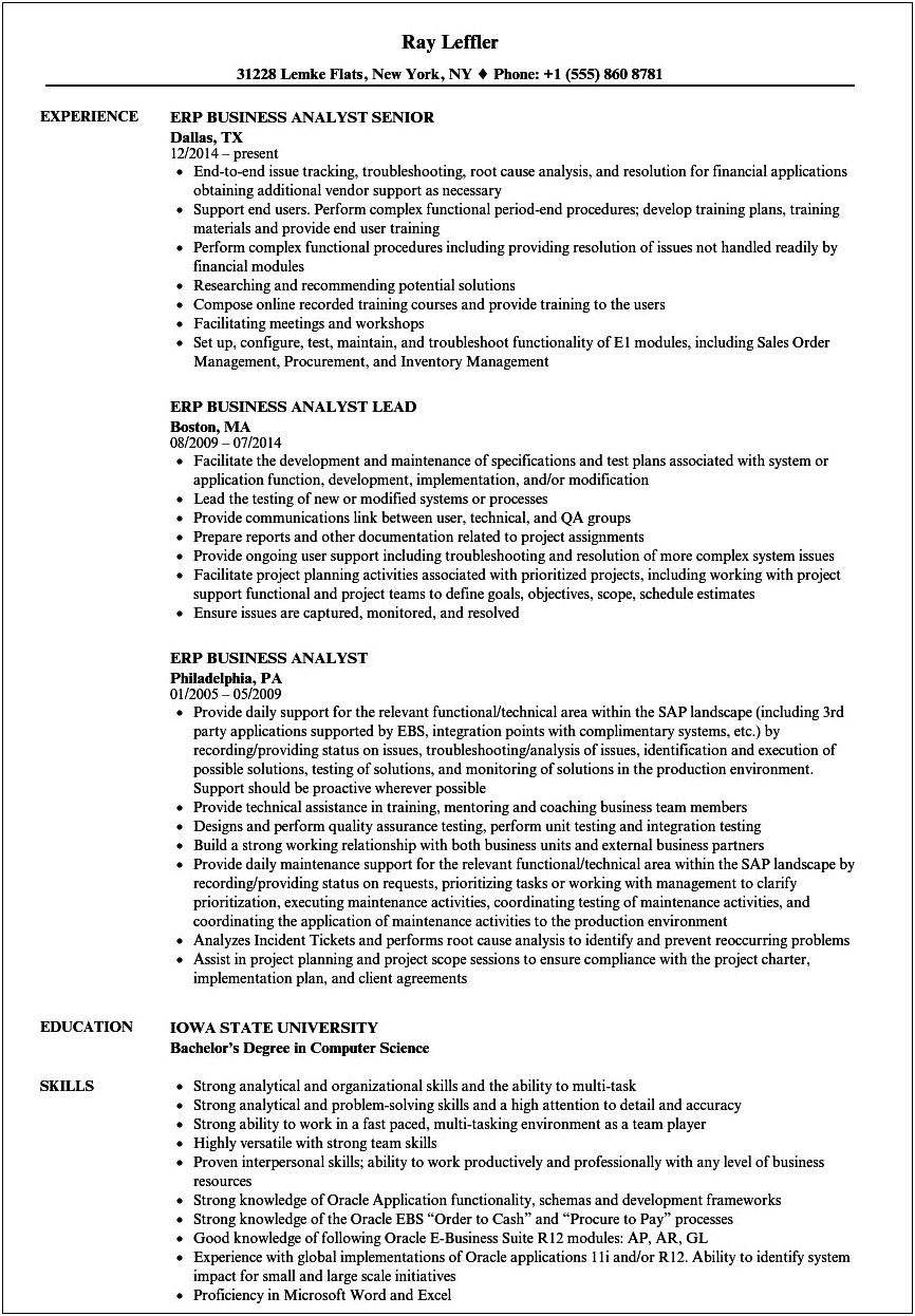 Ba Resume With Erp Business Rules Experience Example
