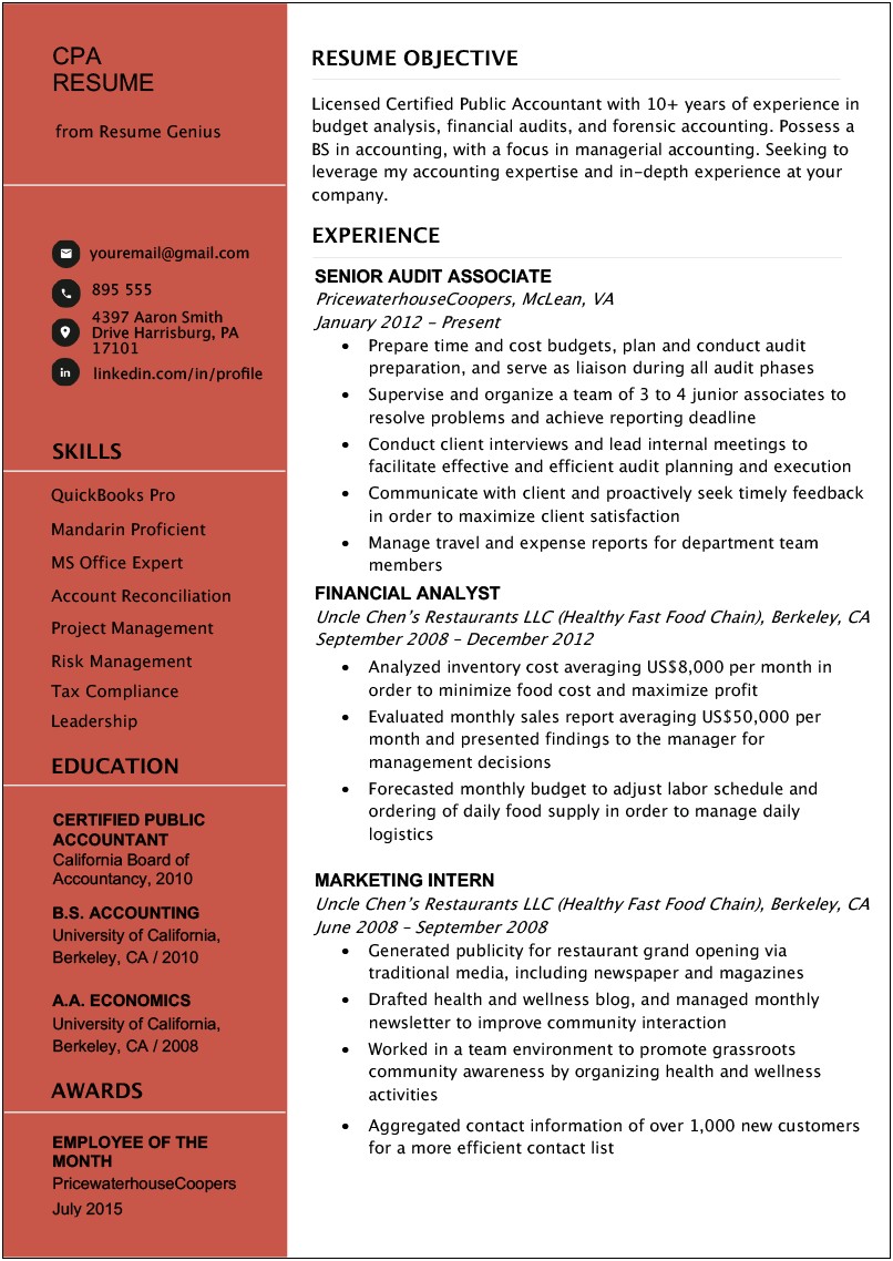 Bachelor Of Accounting Resume Example