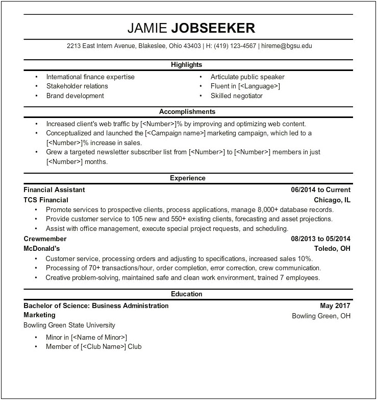 Bachelor Of Arts And Business Management Resume